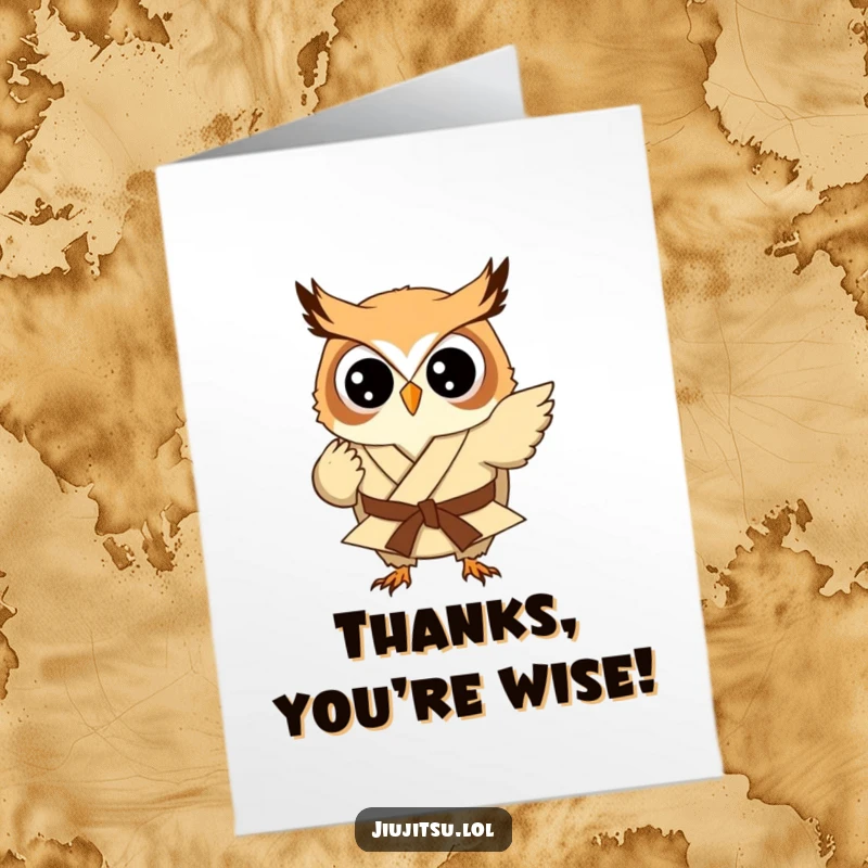 Funny Free Printable Thank You Card: A small, round owl in a gi prepares for a playful judo sweep. Humorous downloadable art.