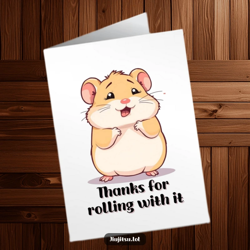 Funny Free Printable Thank You Card: A squishy hamster doing a dizzy roll, humorously conveying thanks.