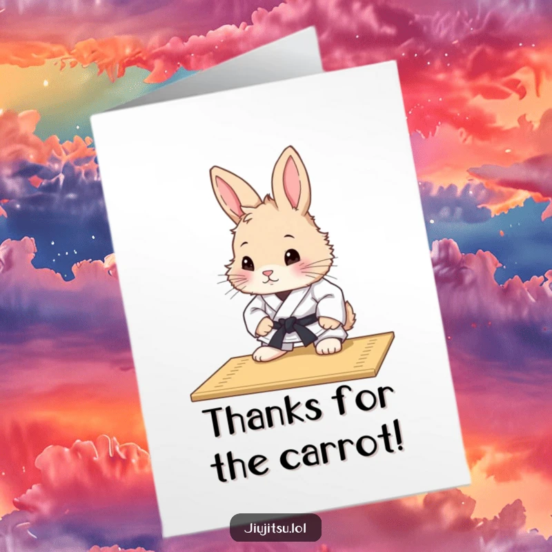 Funny Free Printable Thank You Card: A curious rabbit in a judo uniform intently studies a mat. Humorous downloadable art.