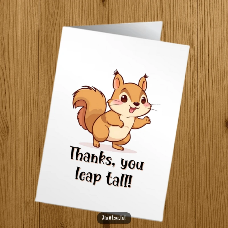 Funny Free Printable Thank You Card: An energetic squirrel in a gi playfully pounces forward. Humorous downloadable art.