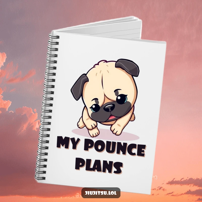 Funny Pug Notebook: Features an energetic pug in mid-pounce, inspiring playful notes and creative bursts for dog lovers.