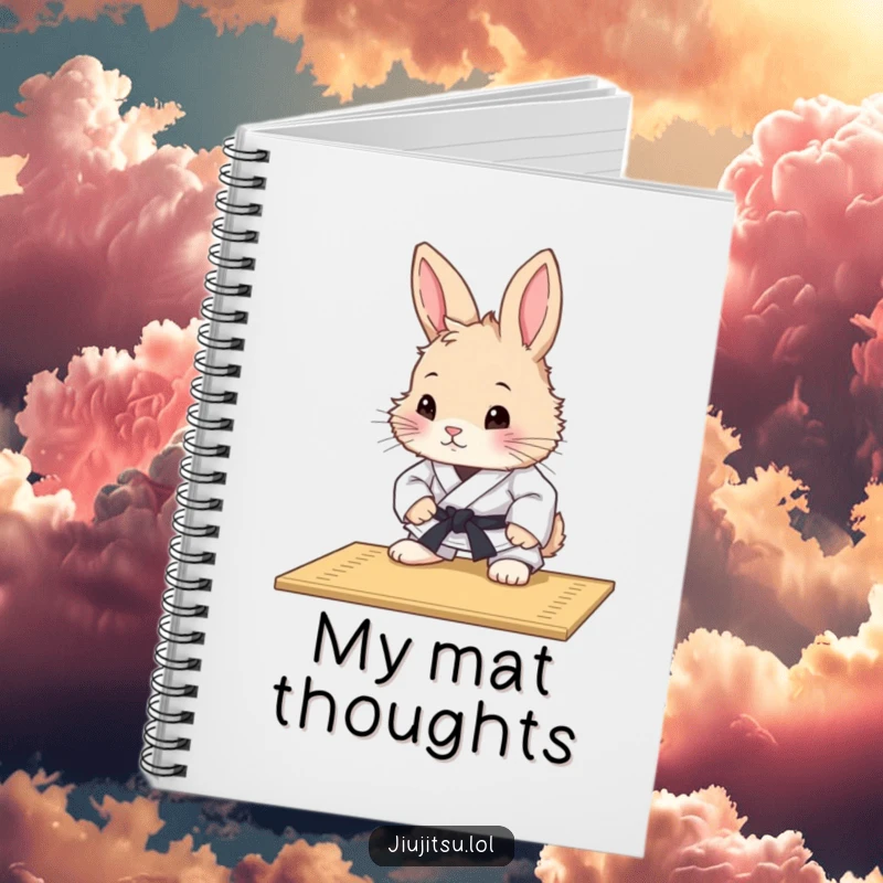 Funny Rabbit Judo Mat Study Notebook: An illustration of a curious rabbit in judo attire studying a mat, perfect for notes and funny gifts.