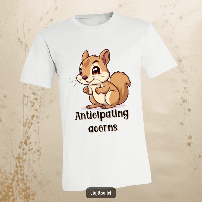 Funny Squirrel T-Shirt: A curious squirrel in a funny defensive crouch, eyes wide with playful anticipation, ready for anything.