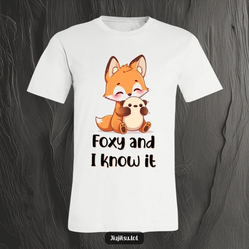 Funny Fox Submission T-Shirt showing a curious fox practicing a submission hold on a plush toy, great for playful people and a funny gift.
