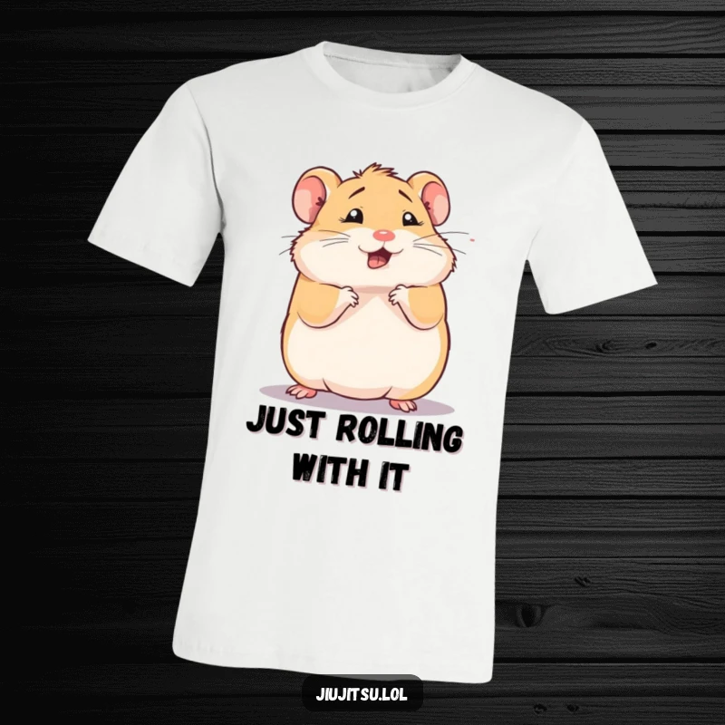 Funny hamster t-shirt, squishy animal in a comical defensive roll, looking dizzy and cute, great funny gift.