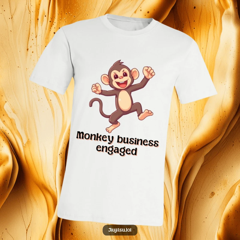 Funny Monkey Sparring T-Shirt showing a mischievous monkey dynamically landing in a light sparring pose, perfect for active humor enthusiasts.