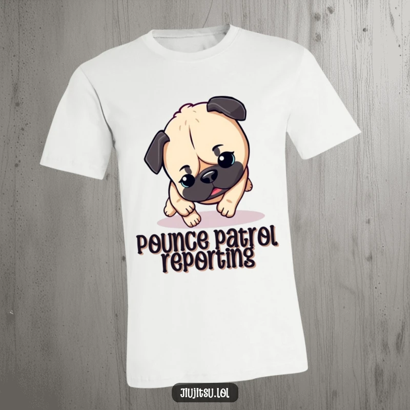 Funny Pug T-Shirt: A cute and energetic pug caught in a playful pounce, radiating joy and a love for adventure.