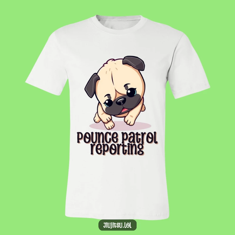 Funny Pug Pounce T-Shirt: Energetic Cartoon Dog Lover Tee for Comical Gifts