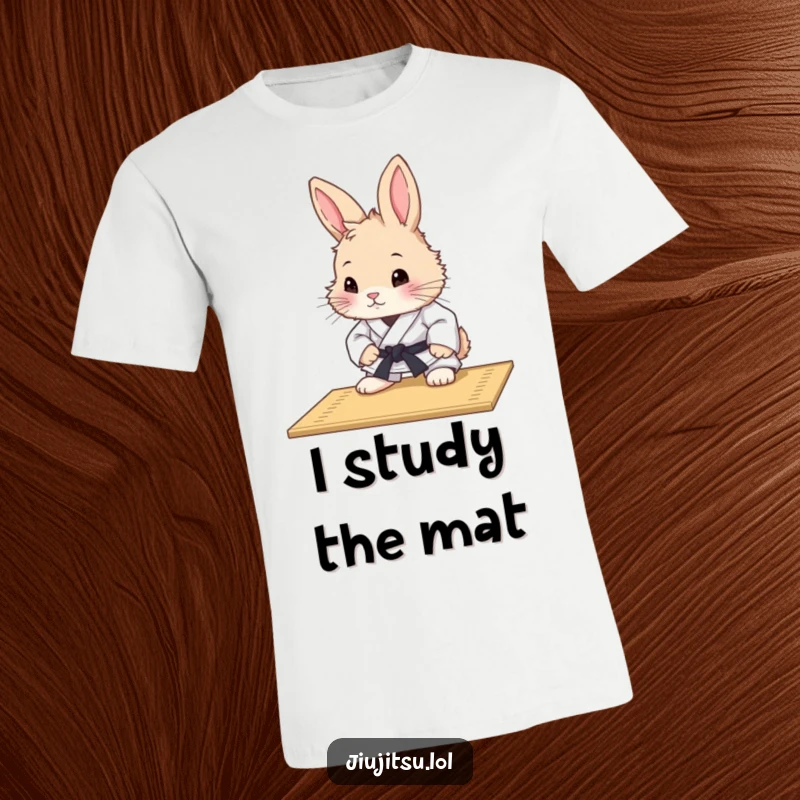 Funny Rabbit Judo Mat Study T-Shirt: A fluffy rabbit in a judo gi is engrossed in studying a mat, embodying curious contemplation.