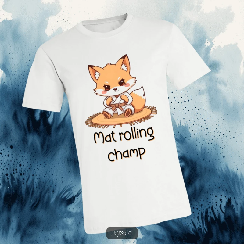 Funny Determined Fox Judo T-Shirt: A focused fox in a judo gi is depicted rolling on a mat, conveying determination and grappling humor.