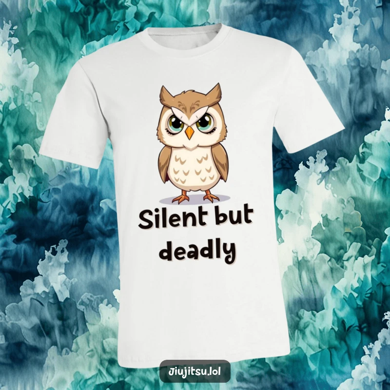 Funny Owl Takedown T-Shirt showcasing a stoic owl with earnest eyes attempting a simple martial arts takedown simulation with determination.