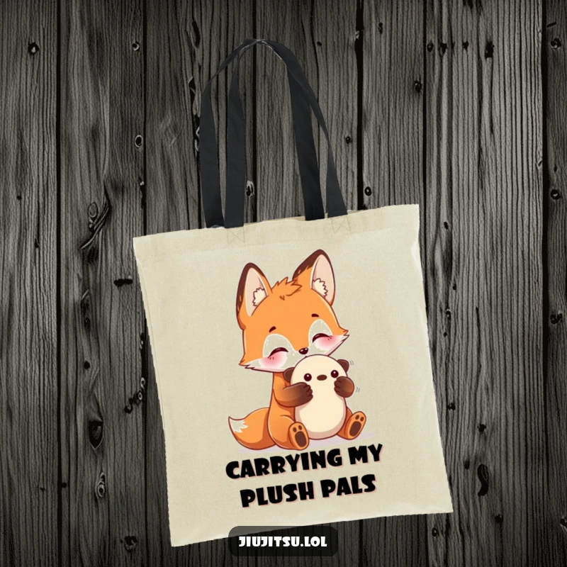 Funny Fox Submission Tote Bag with a curious fox practicing a submission hold on a plush toy, practical and a funny gift.