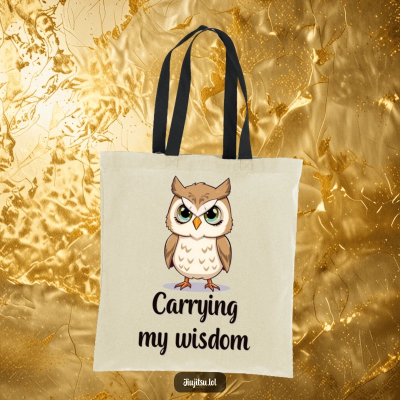Funny Owl Takedown Tote Bag with a stoic owl practicing a martial arts takedown, ideal for carrying items with focused humor.