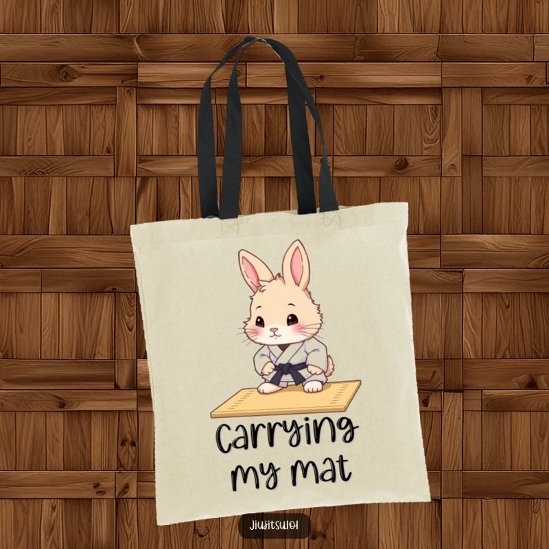 Funny Rabbit Judo Mat Study Tote Bag: A rabbit in a judo gi curiously examines a mat, making this tote bag a symbol of thoughtful learning.