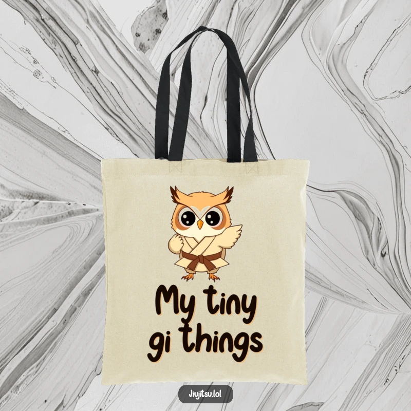 Funny Owl Judo Sweep Tote Bag: A small owl in a gi attempts a judo sweep, making this functional tote bag a humorous accessory.